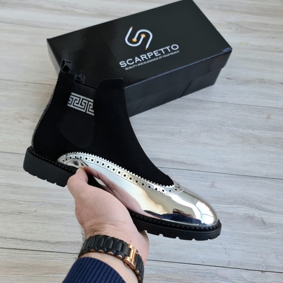 Black Silver Genuine Leather Chelsea Boots, Greek Pattern Boots - Picture 3 of 4